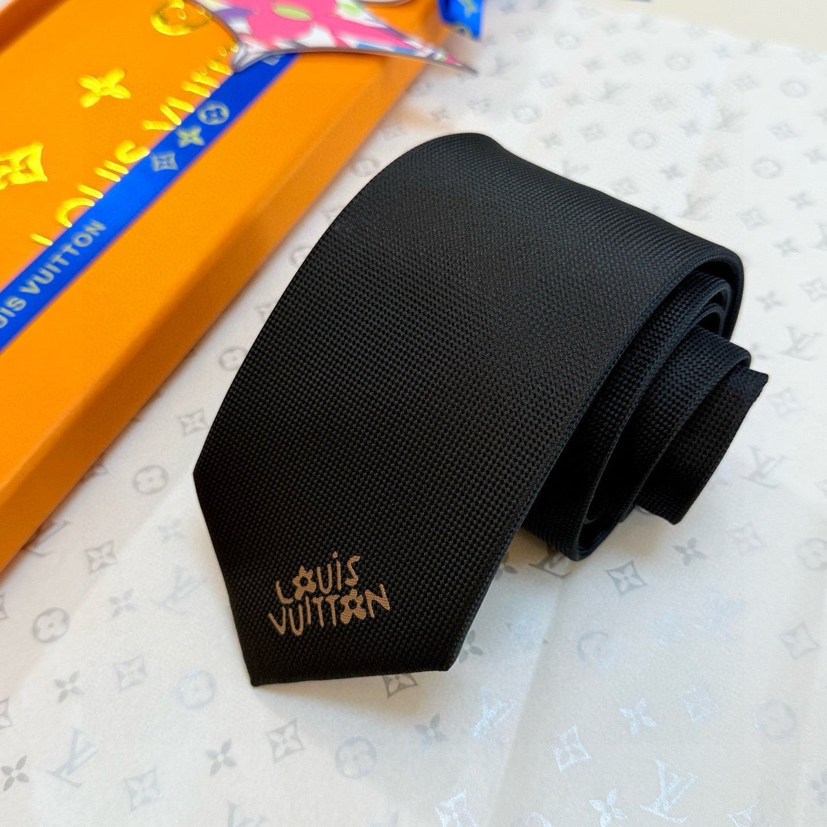 Louis Vuitton Style Men's Embroidered Logo Silk Tie