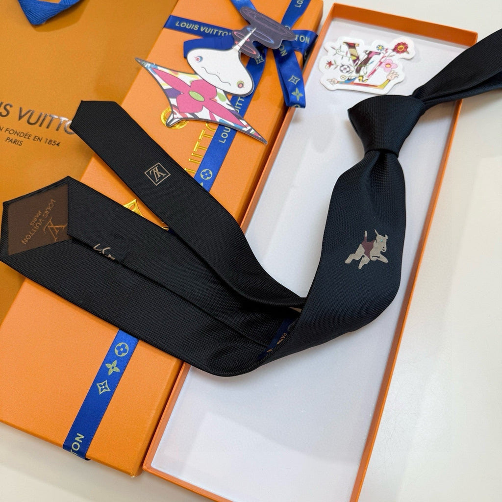 Louis Vuitton Style Men's Embroidered Logo Silk Tie