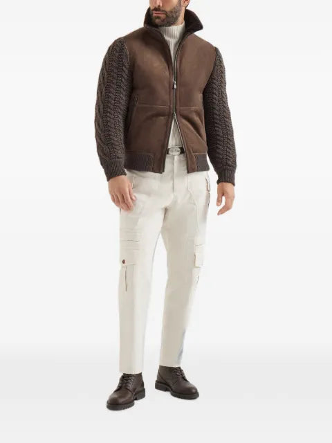 Brunello Cucinelli suede shearling and cashmere knit bomber jacket with Thermore® padding