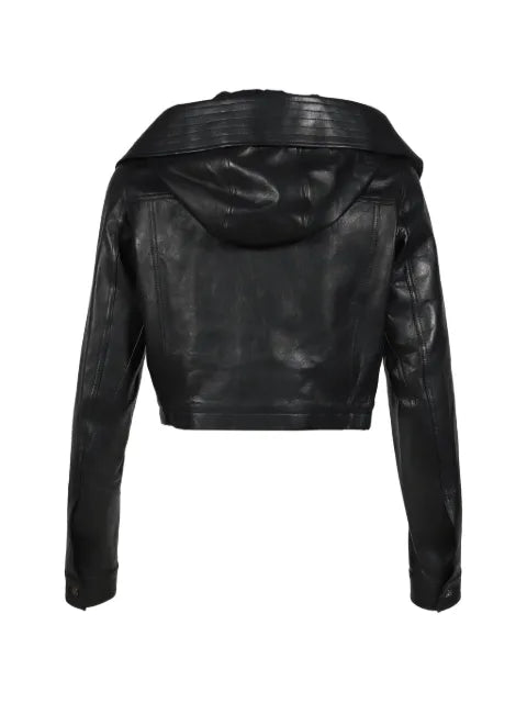 DET BLEV SENT cropped hooded leather jacket