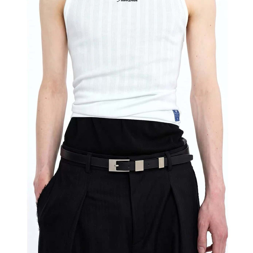 Volcano Log Slim Leather Belt Square Silver Pin Buckle Waist Belt