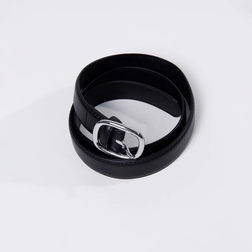Silver Square Buckle Matte Thin Leather Belt Double Stitch Unisex Belt