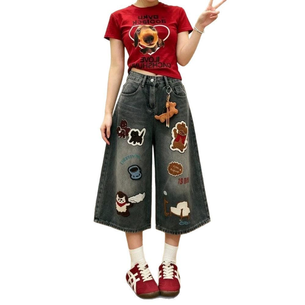 Cartoon Patch Embroidery Cropped Wide Leg Washed Denim Culottes