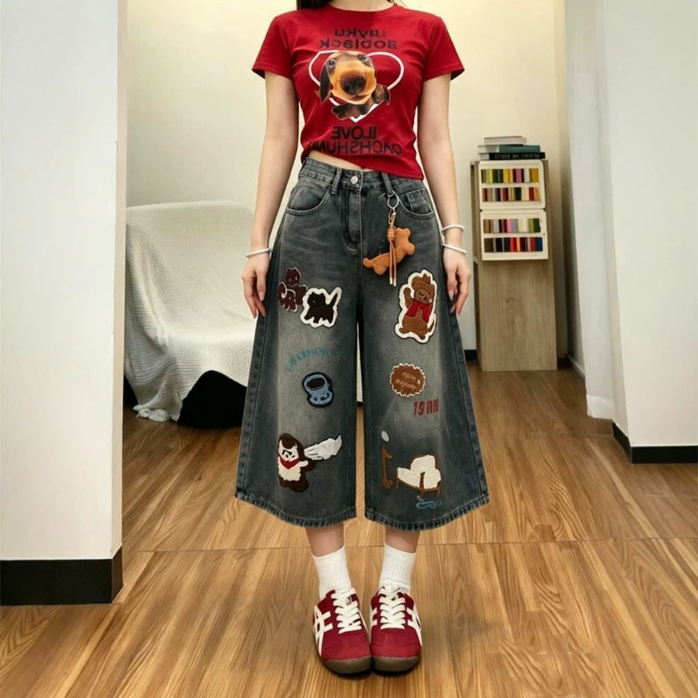 Cartoon Patch Embroidery Cropped Wide Leg Washed Denim Culottes