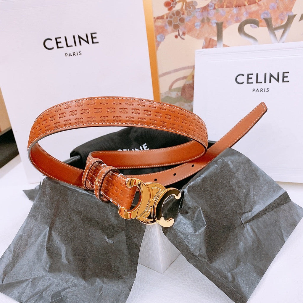 CELINE 25S TRIOMPHE BELT 25MM IN DARK CARAMEL CALFSKIN DEBOSSED LOGO 570964