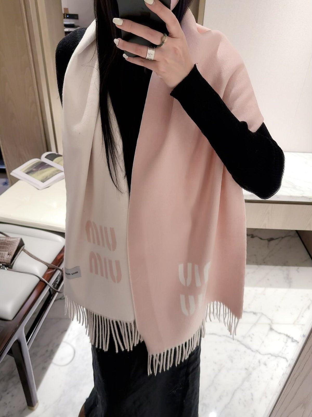 Miu Miu Style Oversized Logo Fringe Scarf