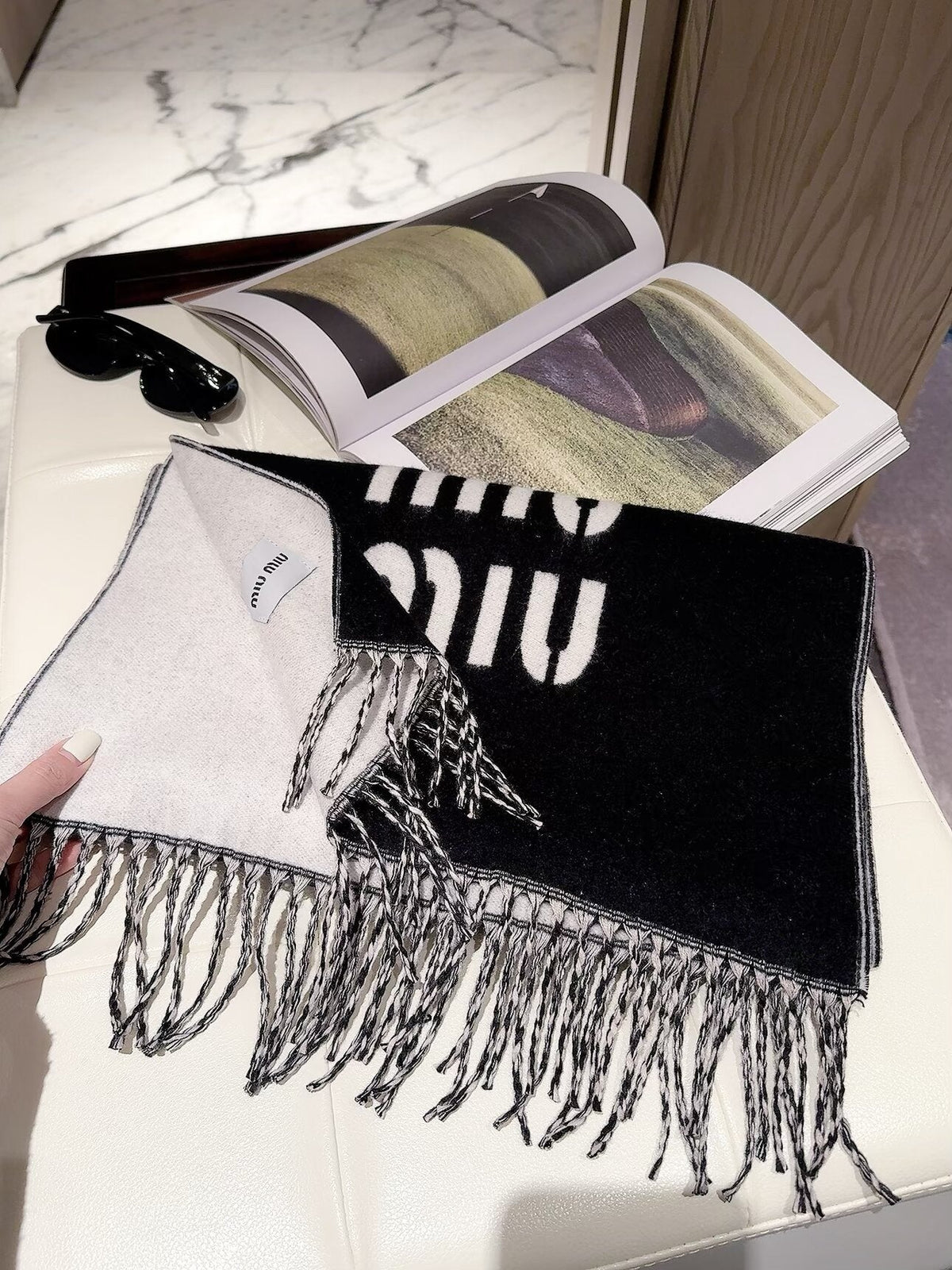 Miu Miu Style Oversized Logo Fringe Scarf