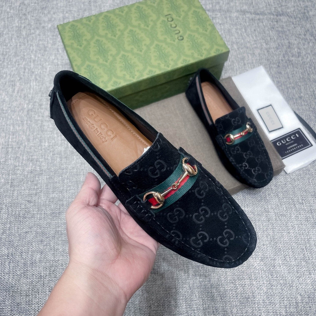 Gucci Black Patterned Loafers with Green and Red Accents