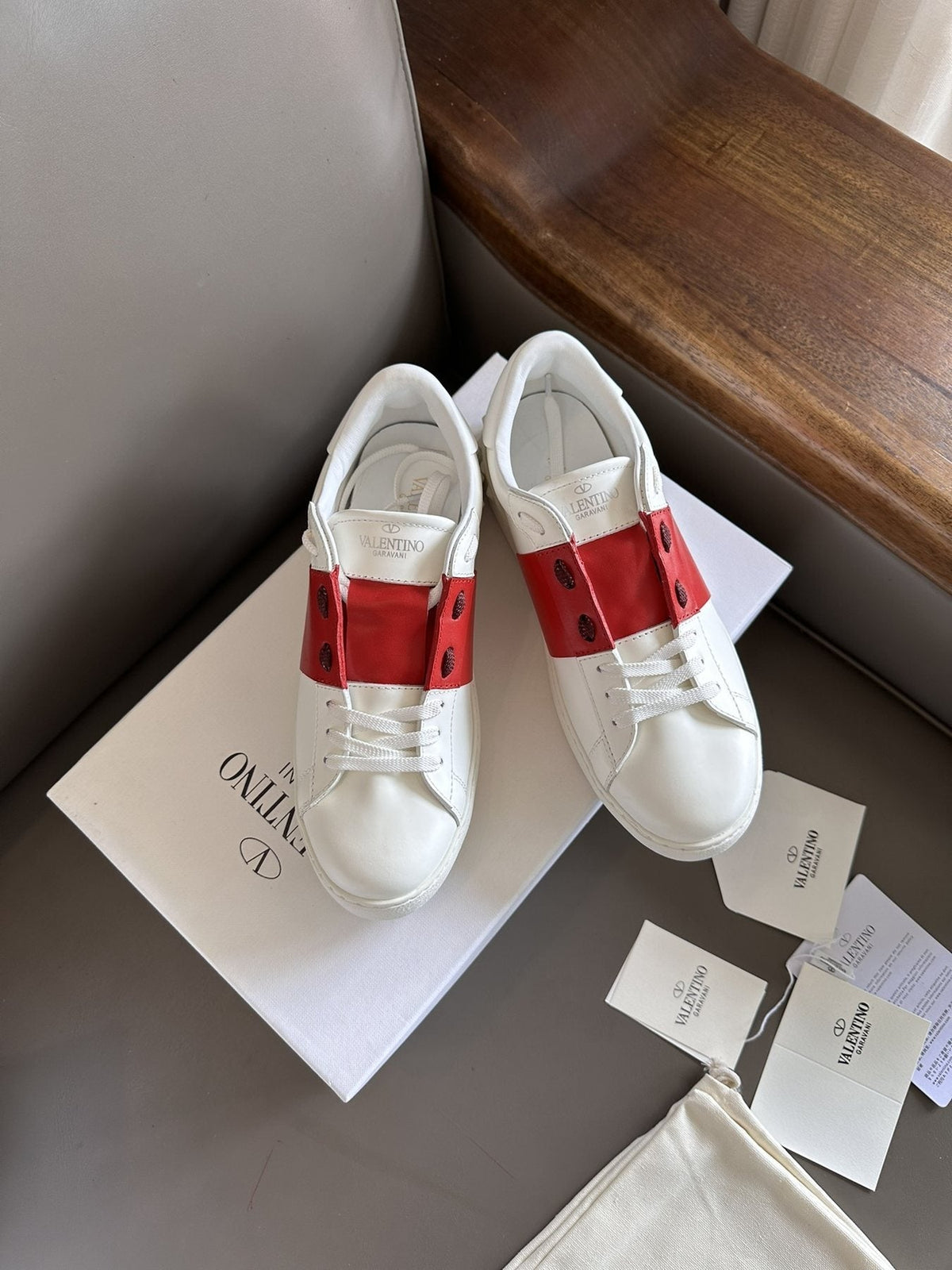 Valentino White and Red Studded Low-Top Sneakers