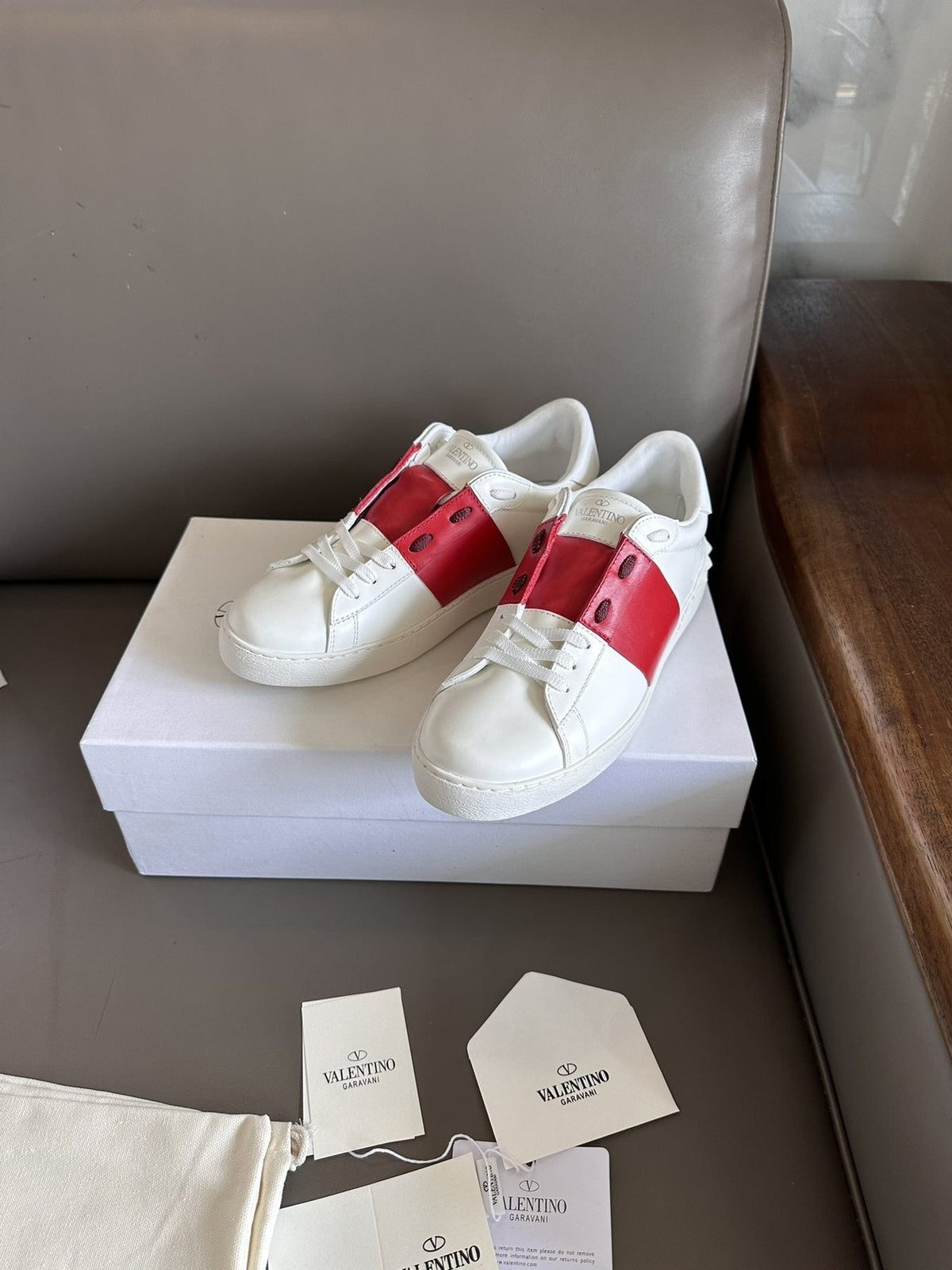 Valentino White and Red Studded Low-Top Sneakers