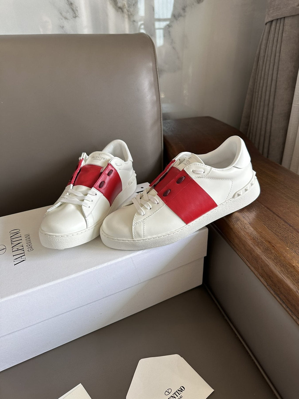 Valentino White and Red Studded Low-Top Sneakers