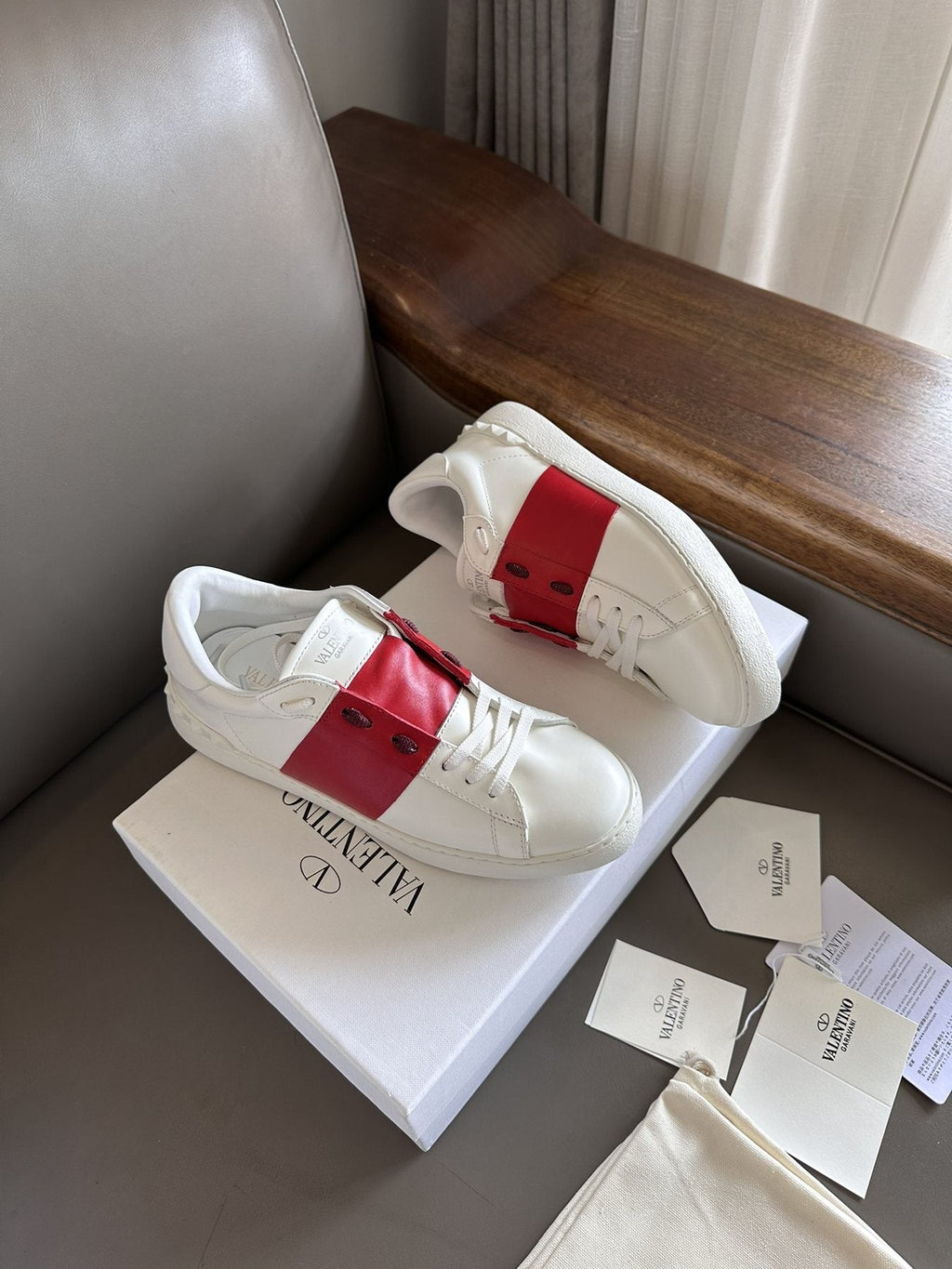 Valentino White and Red Studded Low-Top Sneakers