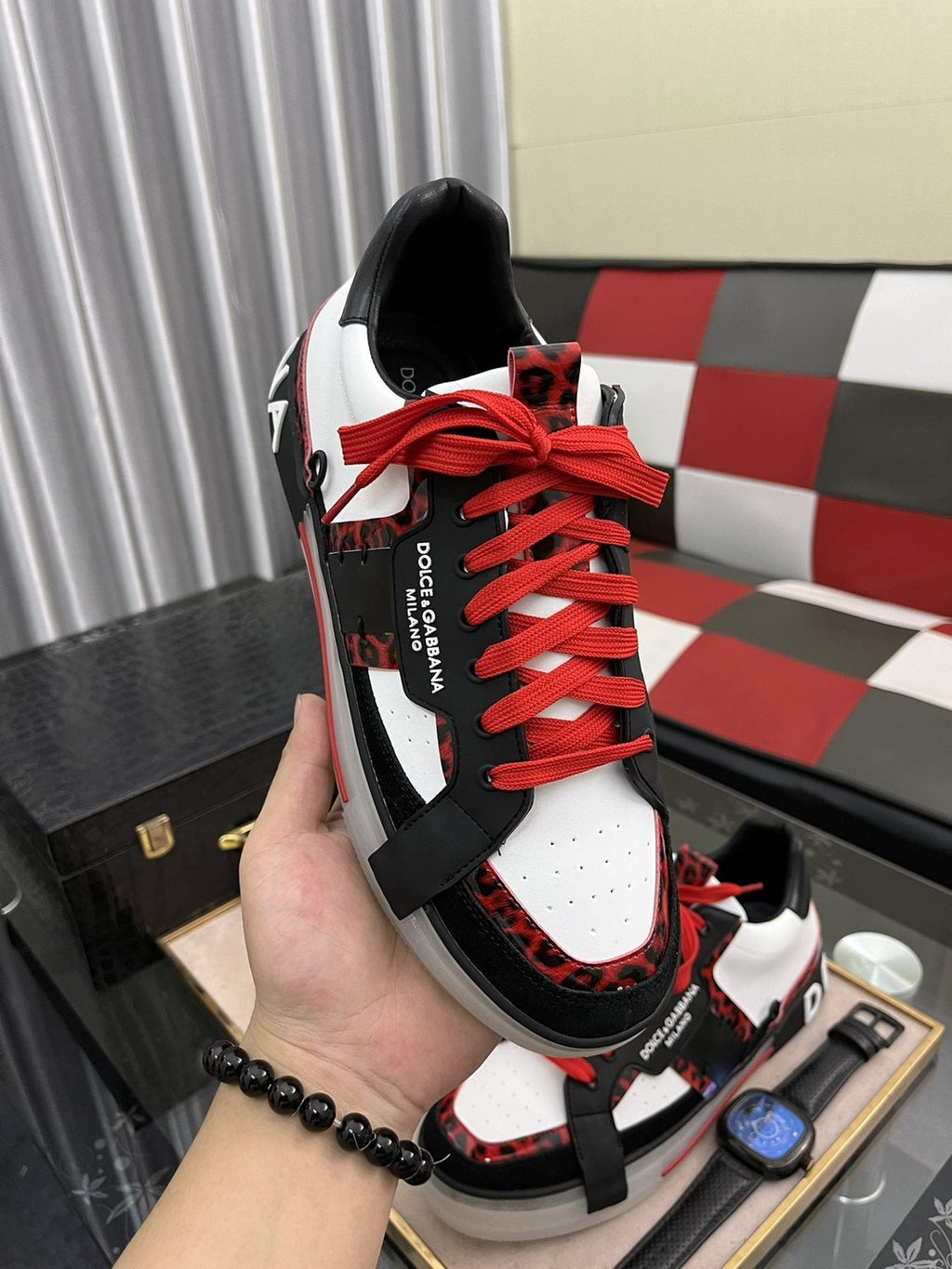 Dolce & Gabbana Men's Red-Lace Low-Top Sneakers