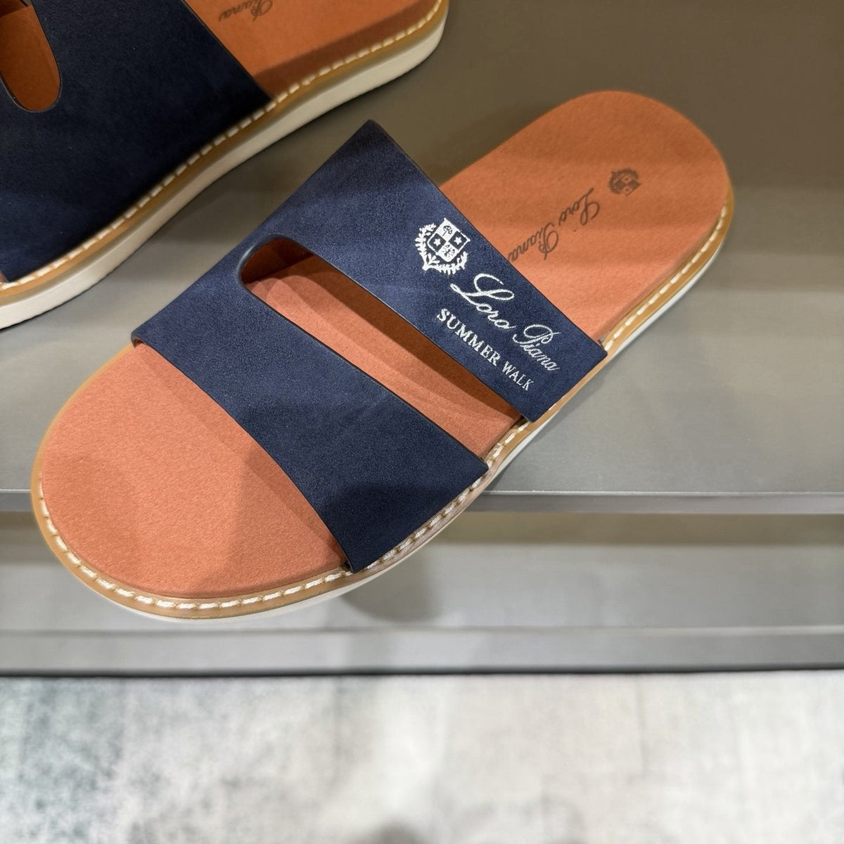 Loro Piana Navy Cutout Slide Sandals