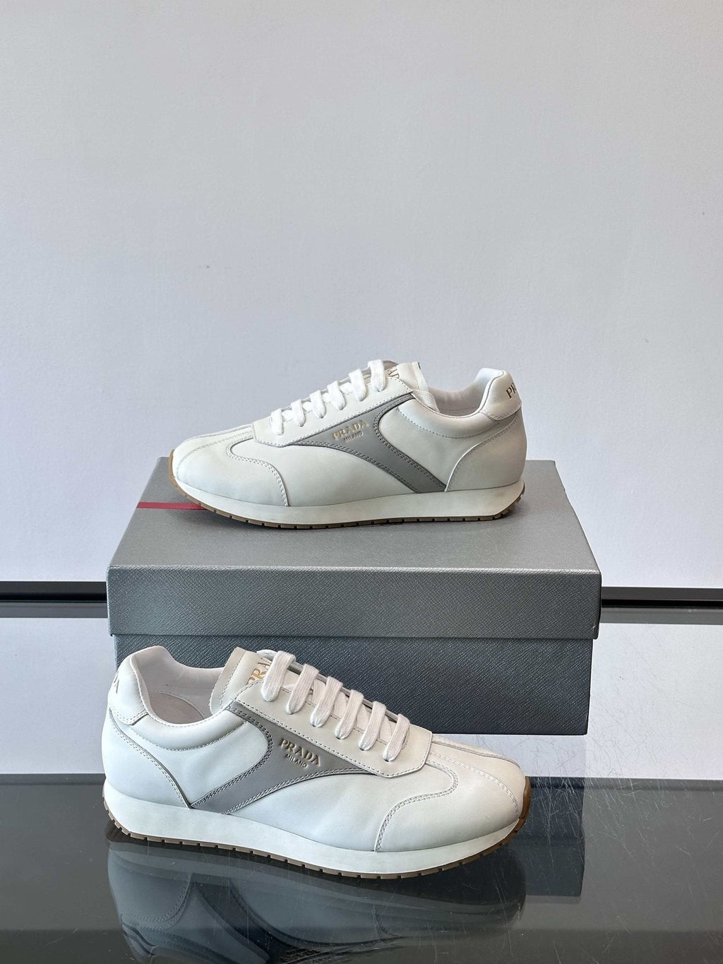 Prada Men's White and Light Gray Sneakers