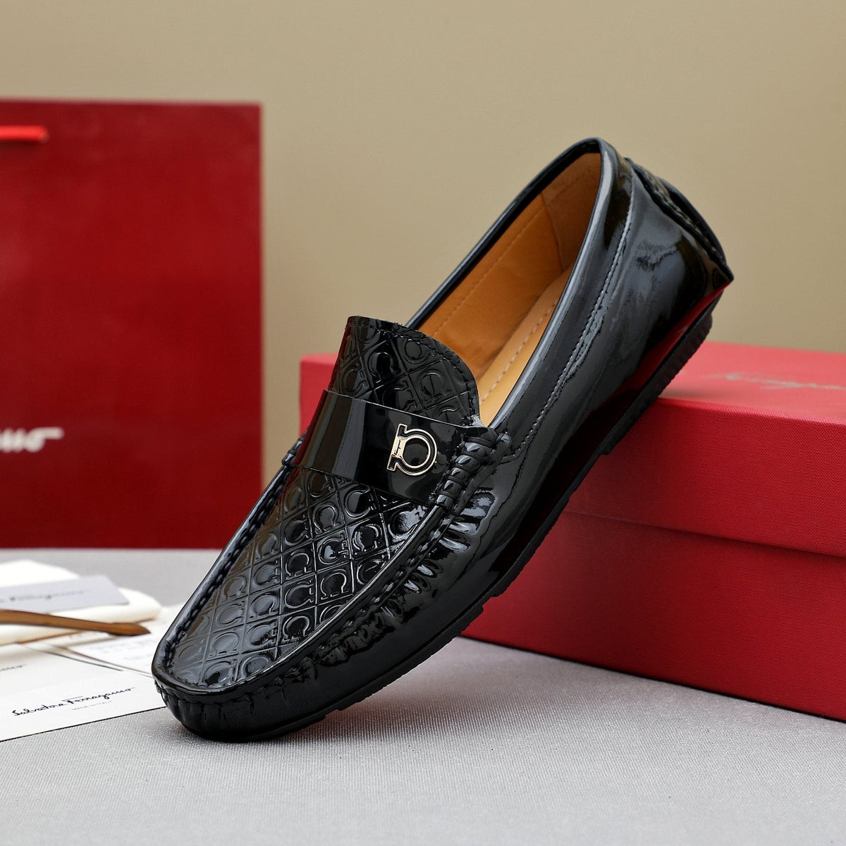 Ferragamo Men's Black Metal-Strap Loafers