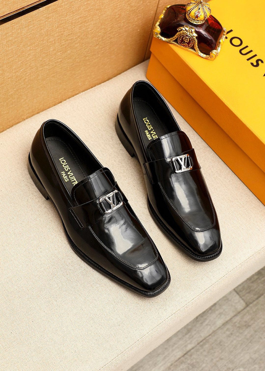 Louis Vuitton Men's Glossy Black Leather Loafers
