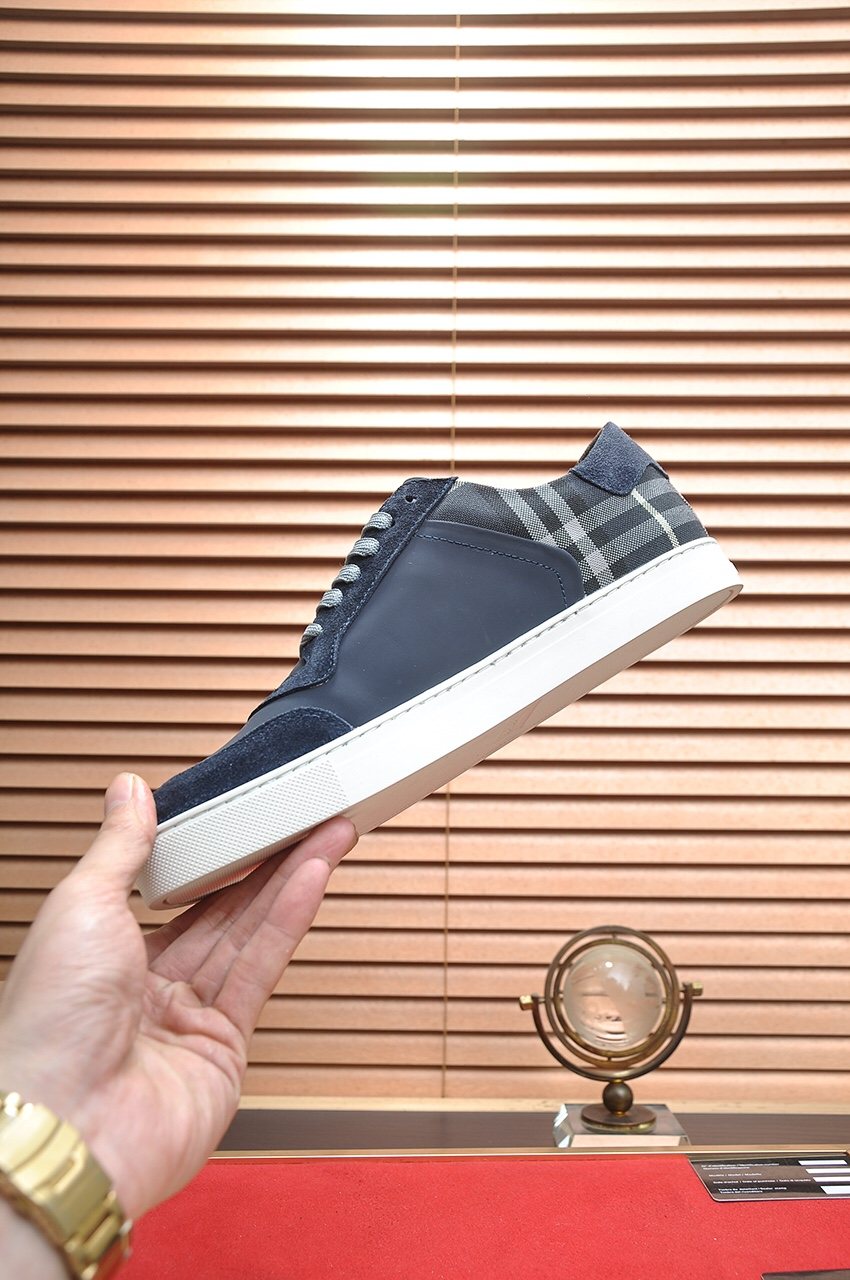 Burberry Navy Check Low-Top Sneakers - White Rubber Sole