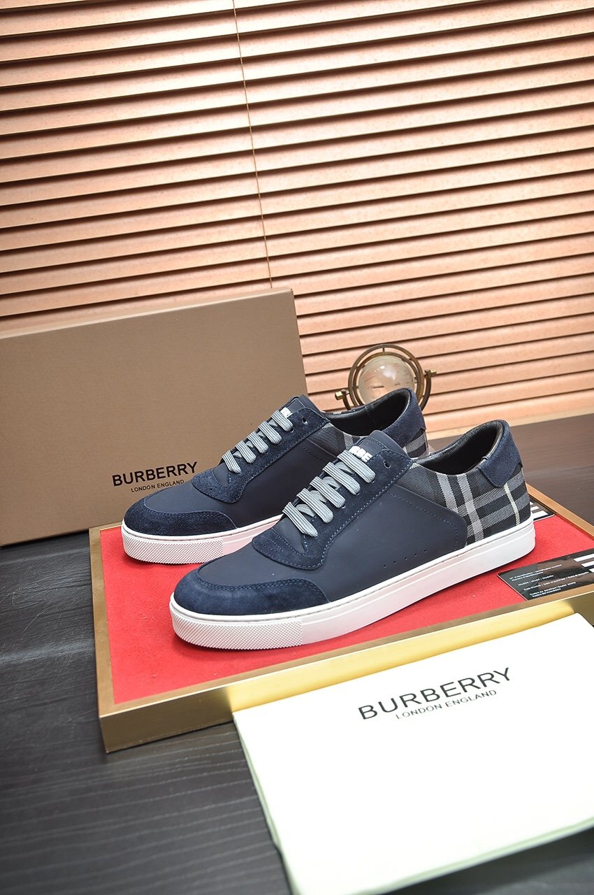 Burberry Navy Check Low-Top Sneakers - White Rubber Sole