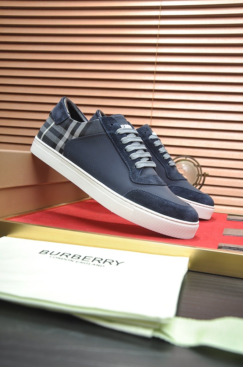 Burberry Navy Check Low-Top Sneakers - White Rubber Sole