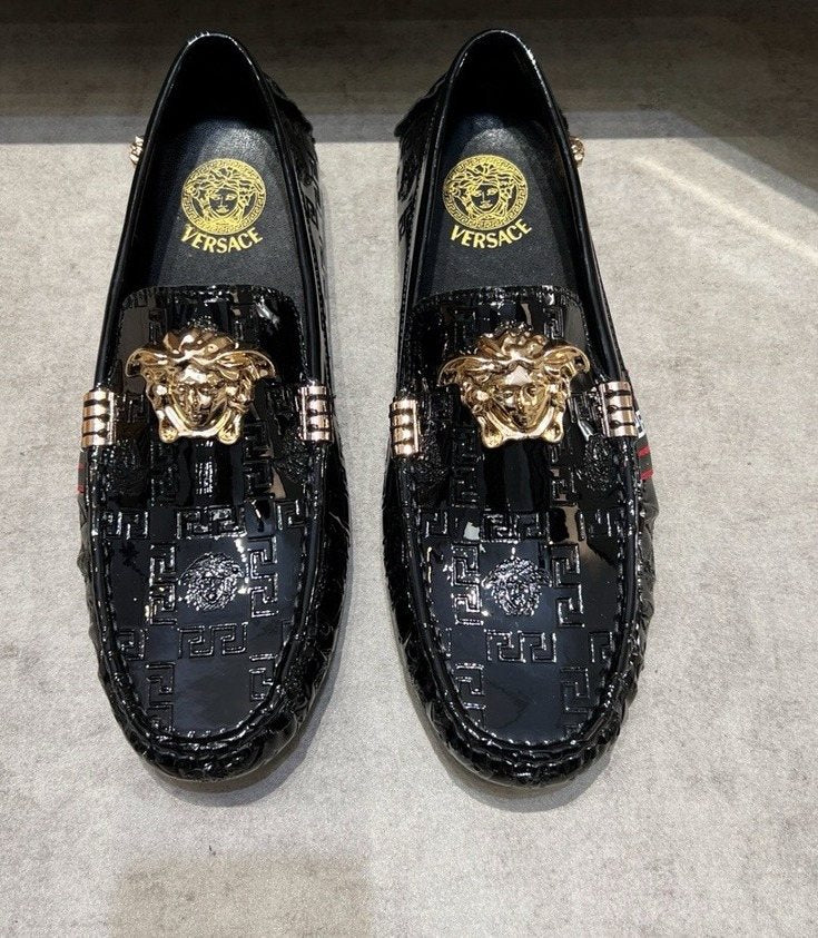 Versace Black Patterned Loafers with Gold-Tone Ornament