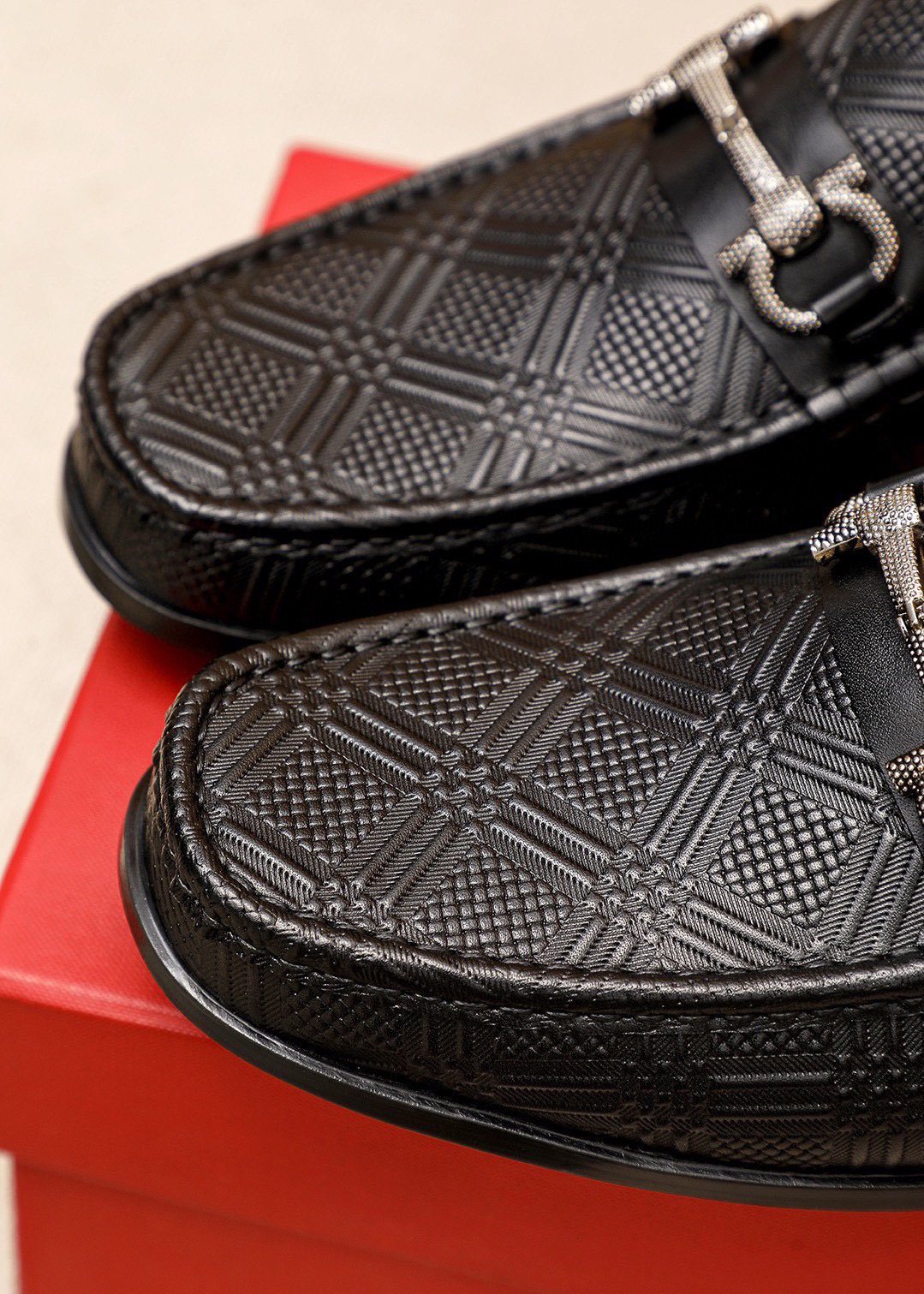 Ferragamo Black Embossed Buckle Loafers - Rubber Sole
