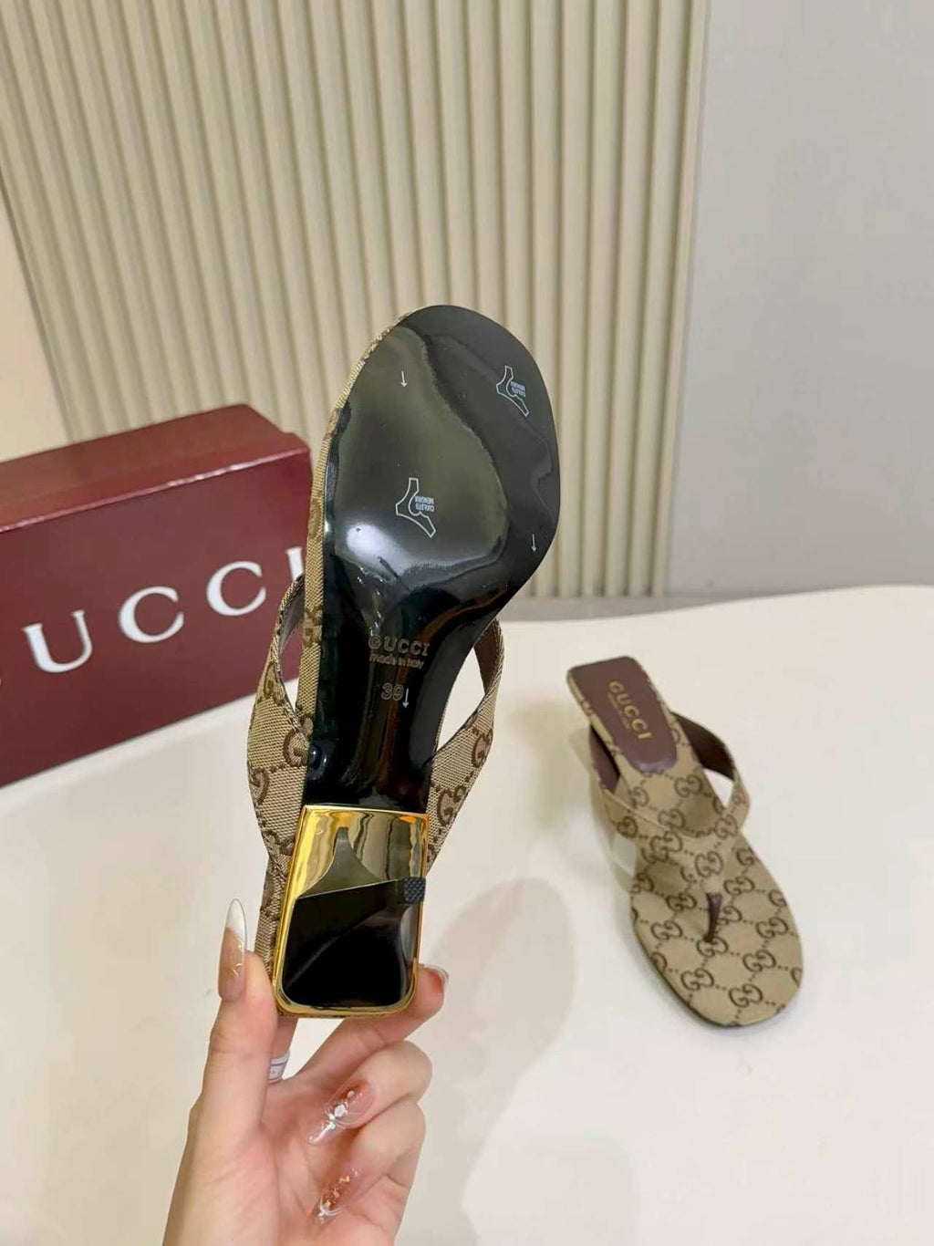 Gucci Monogram Thong Heel Sandals