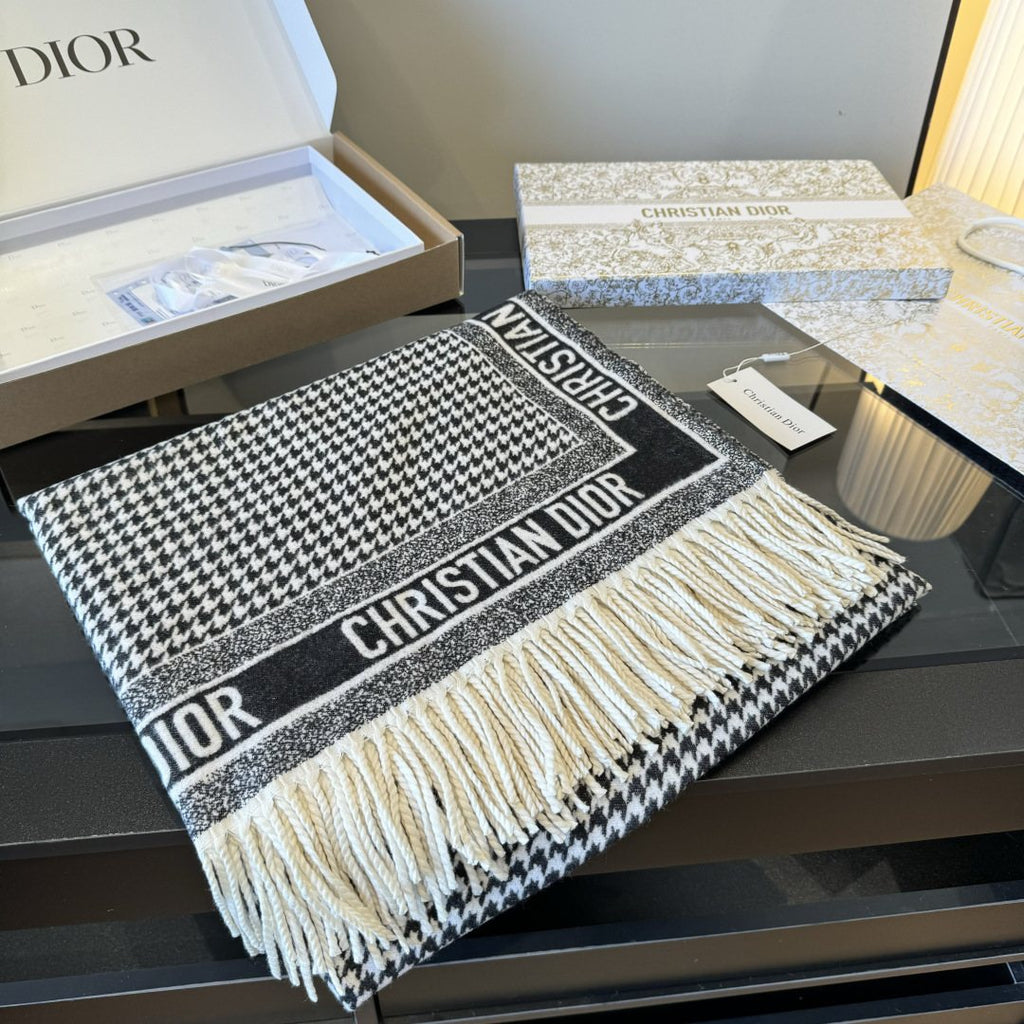 Dior Houndstooth Fringed Square Scarf & Shawl