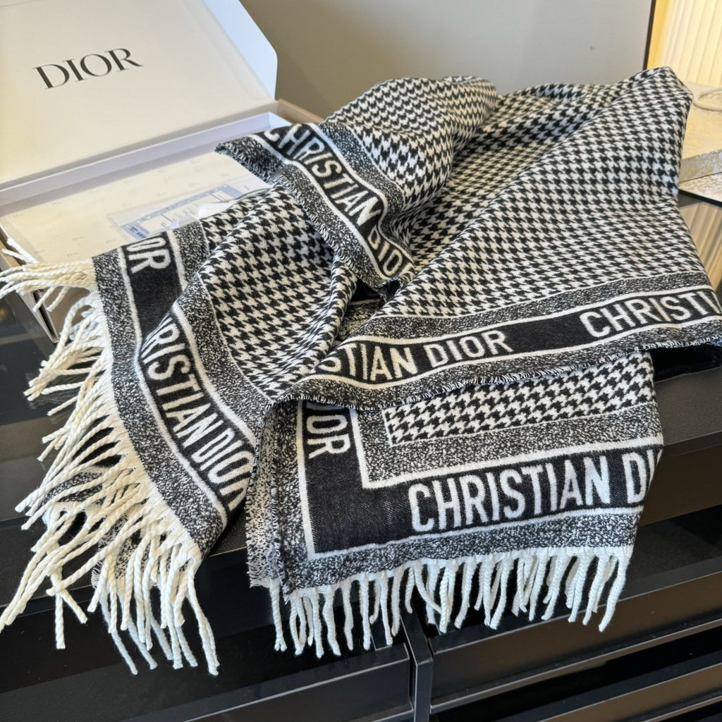Dior Houndstooth Fringed Square Scarf & Shawl