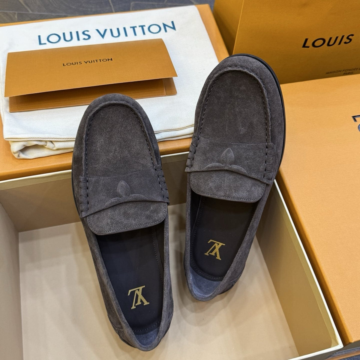 Louis Vuitton Men's Charcoal Gray Suede Loafers
