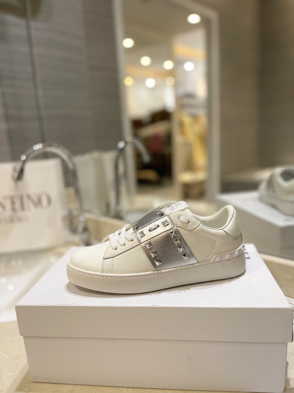 Valentino White Silver Studded Low-Top Sneakers