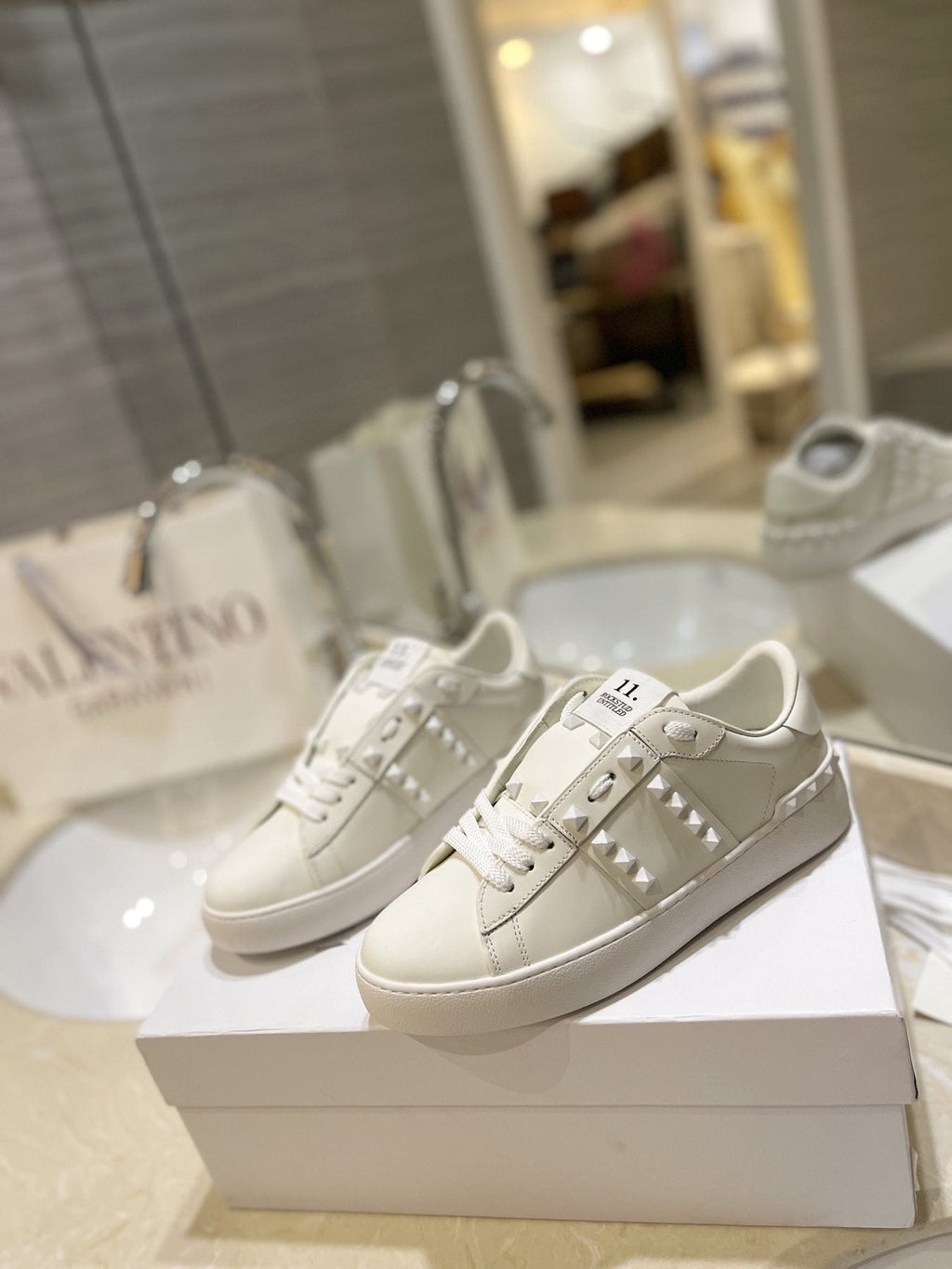 Valentino White Silver Studded Low-Top Sneakers