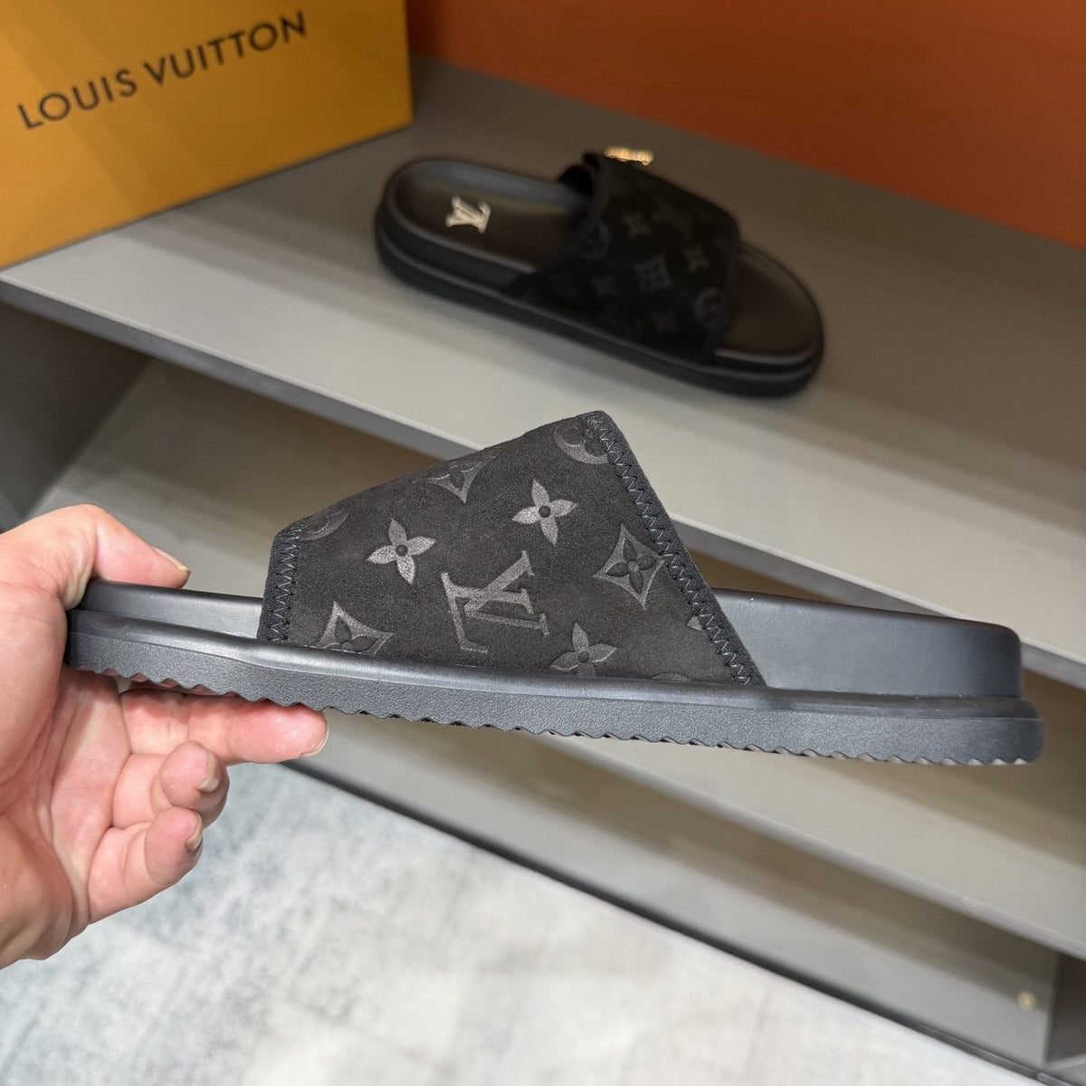 Louis Vuitton Black Monogram Strap Slide Sandals