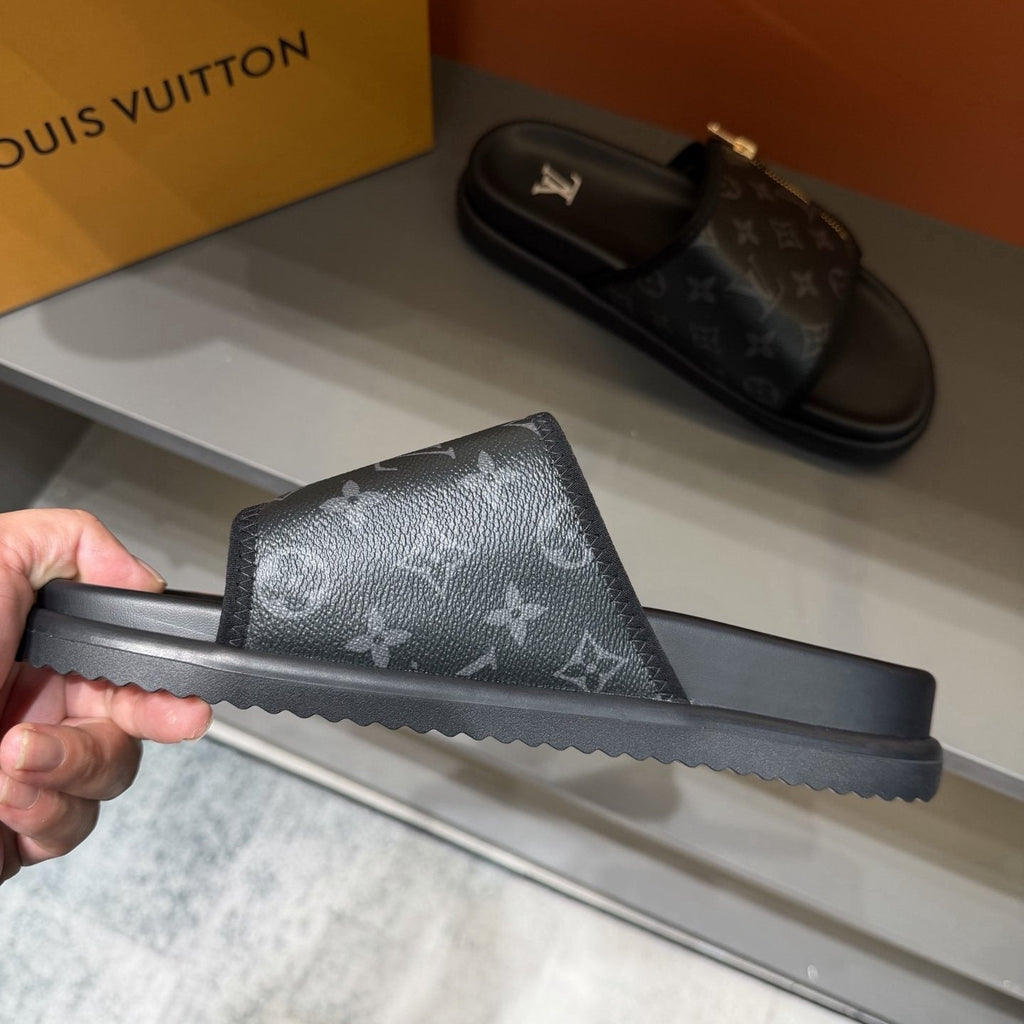 Louis Vuitton Black Monogram Strap Slide Sandals